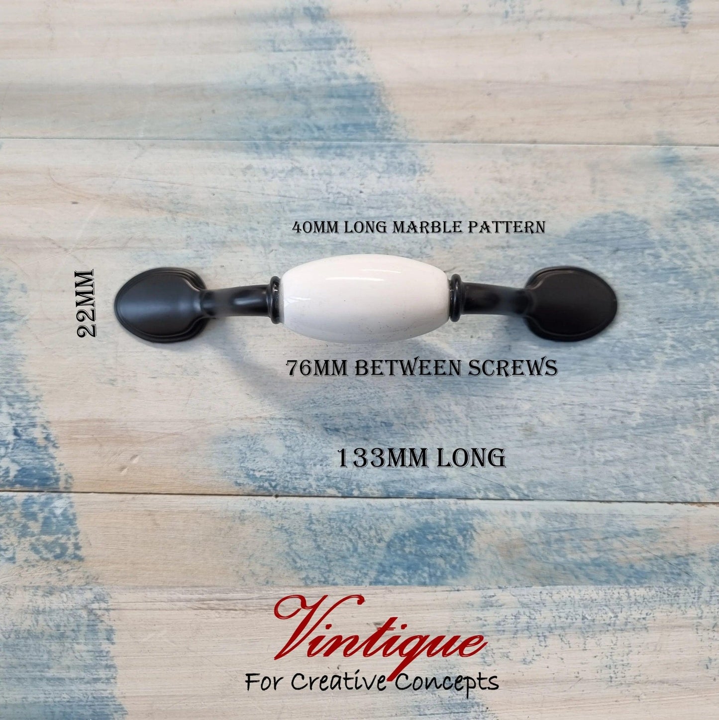 White ceramic (40mm pattern) Black Drawer / Cabinet vintage handle 133mm length-Vintique Concepts