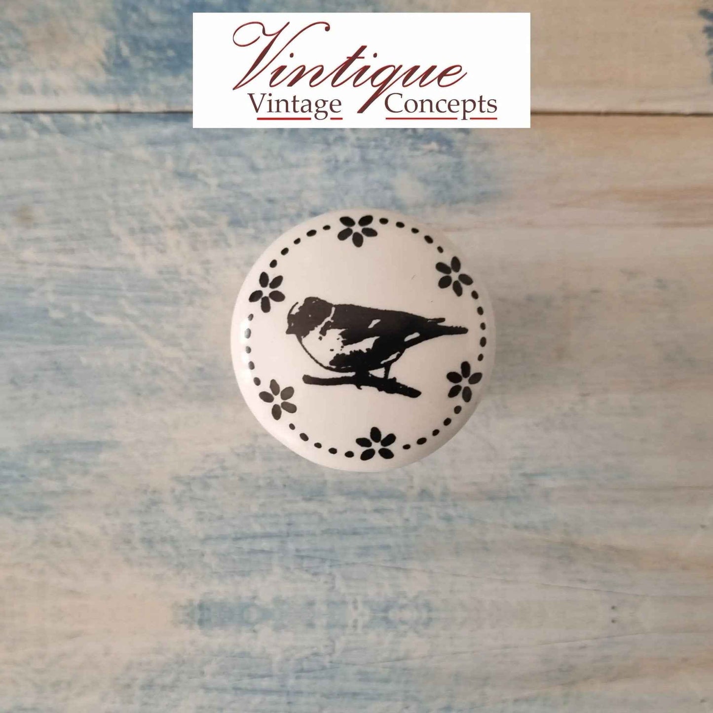 White Ceramic Cabinet Knob Bird on a branch 35mm Dia