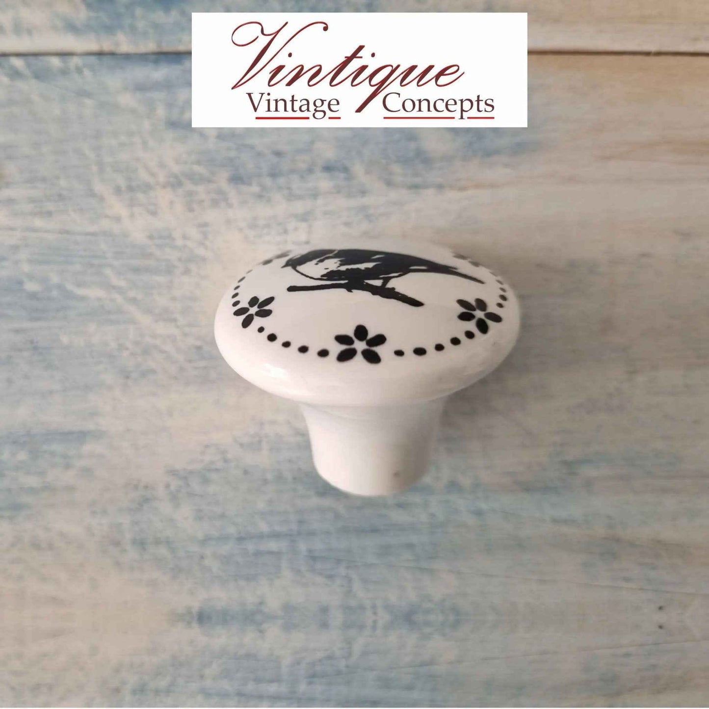 White Ceramic Cabinet Knob Bird on a branch 35mm Dia