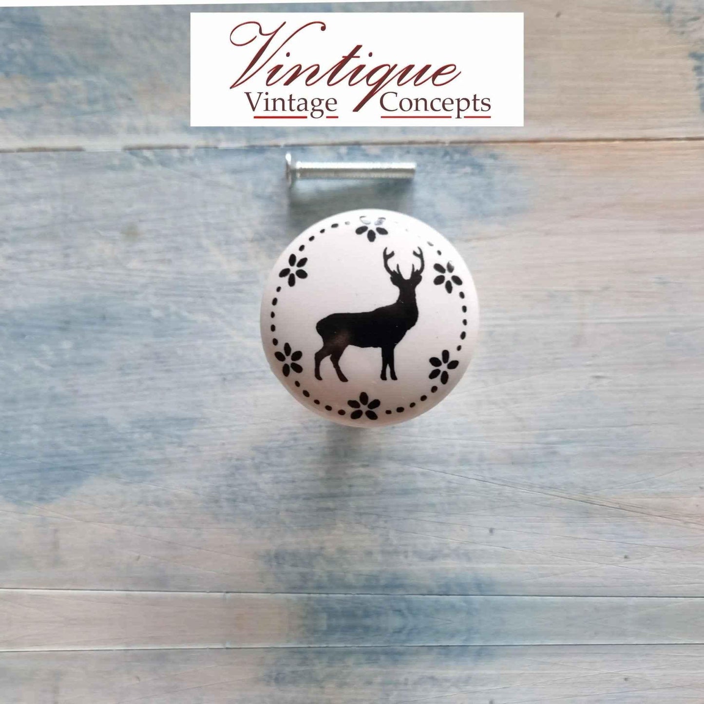 White Ceramic Deer Cabinet Knob 35mm Dia - Vintique Concepts
