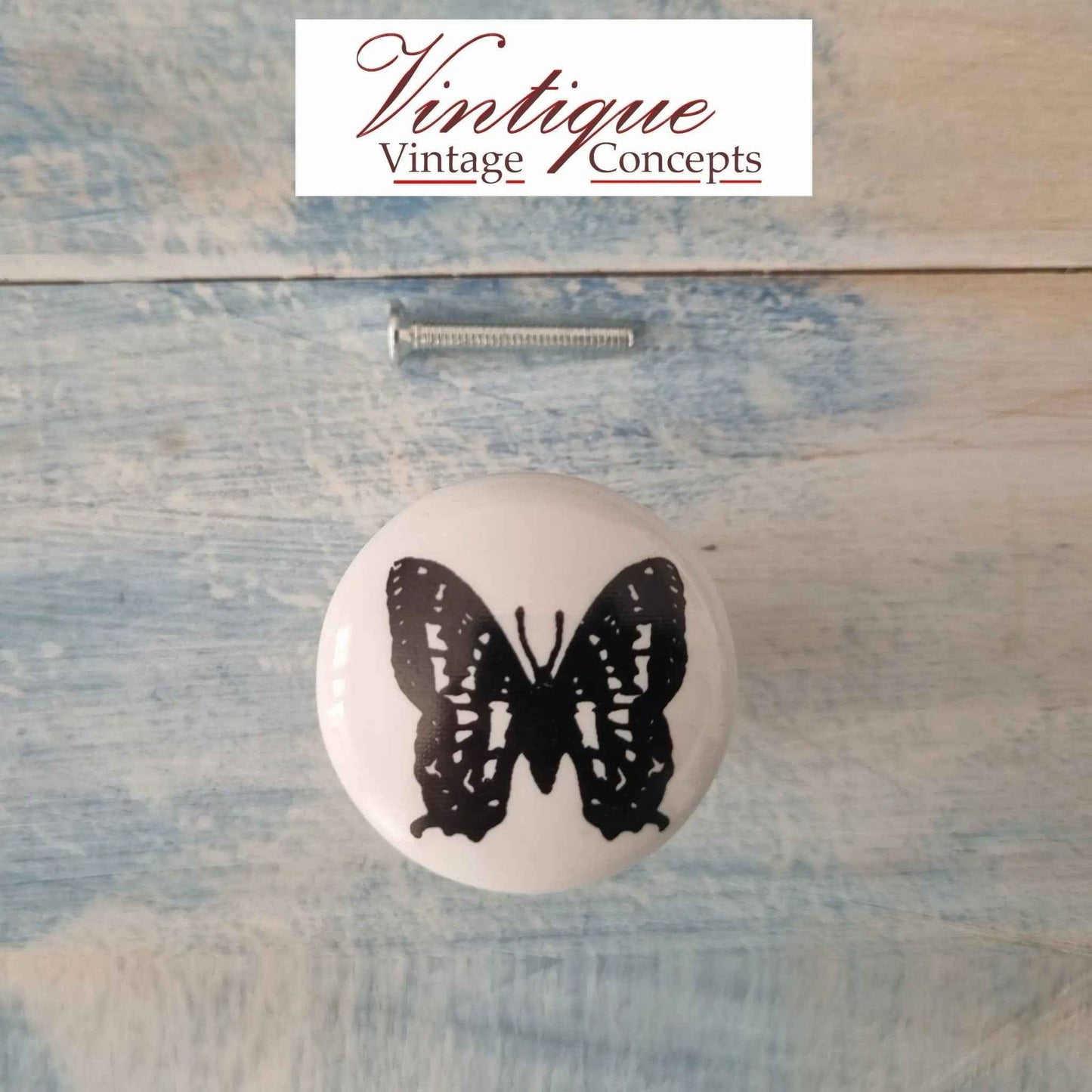 White Ceramic drawer or cabinet Knob Lovely Butterfly 35mm Dia