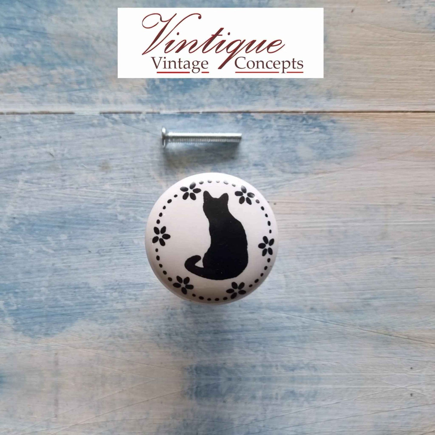 White Ceramic Knob with sitting black Cat 35mm Dia