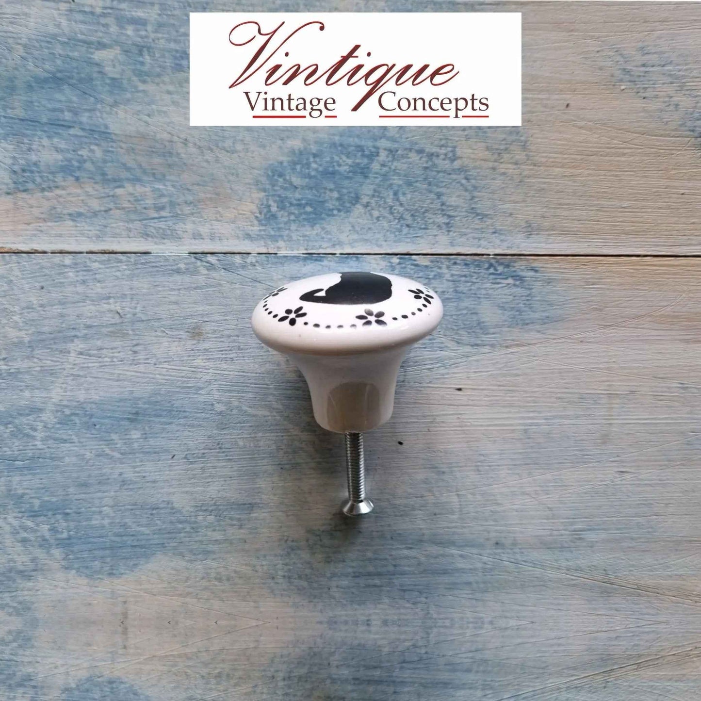 White Ceramic Knob with sitting black Cat 35mm Dia