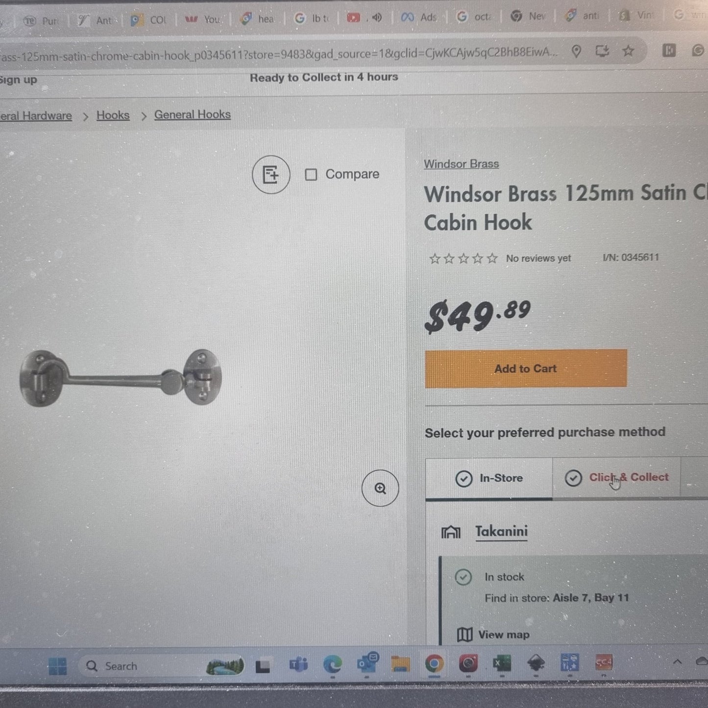 Windsor chromed brass 125mm cabin hook (surplus stock)-Vintique Concepts