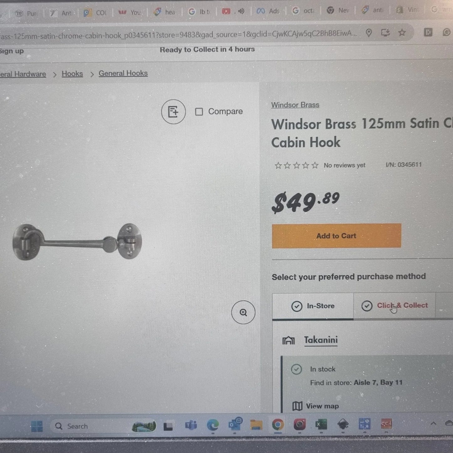 Windsor chromed brass 125mm cabin hook (surplus stock) - Vintique Concepts