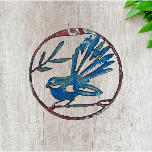 llarge fantail circle wall metal art coated in pourable epoxy 180mm dia
