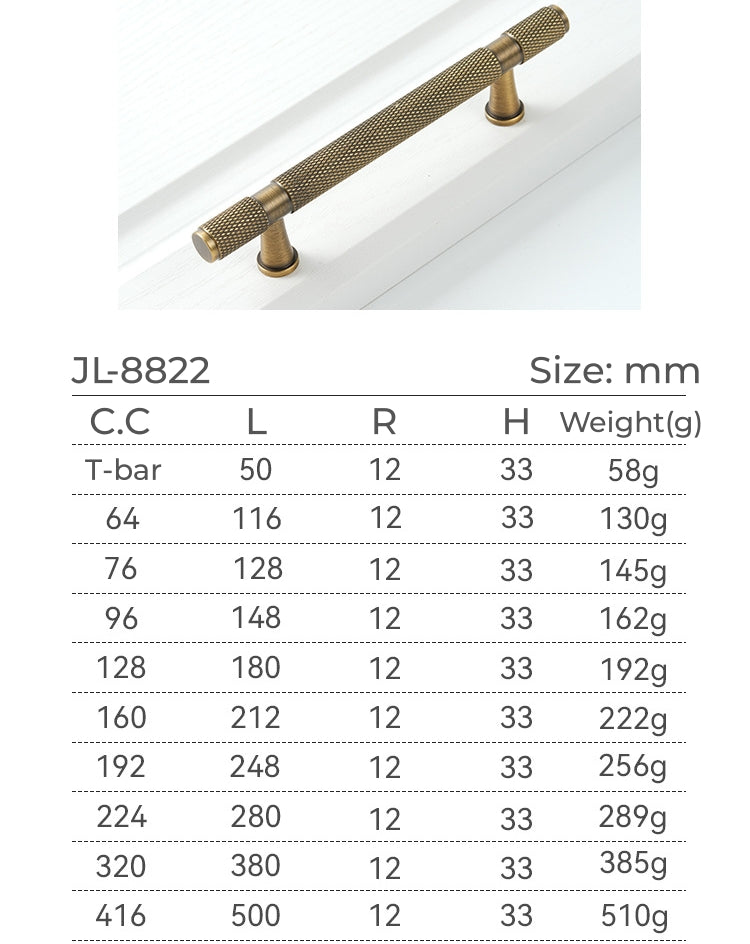 "Verona" Sovereign Knurled Brushed Brass cabinet T-Bar Handles -10 Sizes
