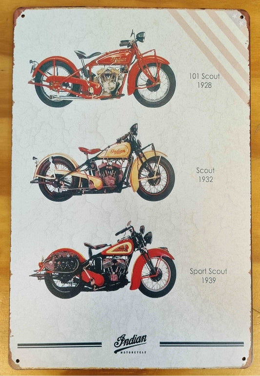 3 Indian  Scout Motorcycle-1928 1932 1939....Tin Sign-Vintage Motorbikes 30cm x 20cm *-Vintique Concepts