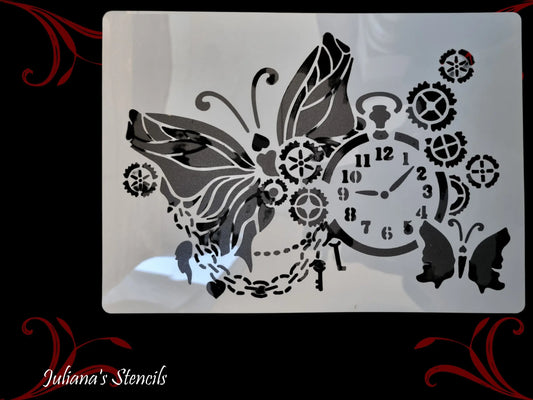Butterflies & Clock furniture vintage painting stencil (A4 Size) - Vintique Concepts