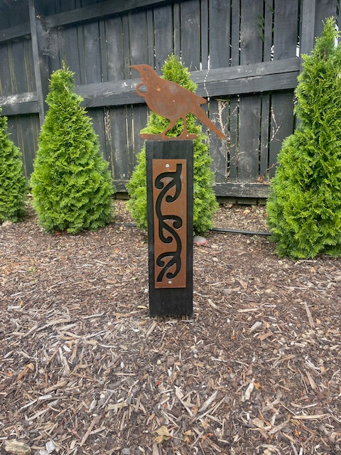 Corten Tui (NZ Song Bird) on Black stained Post-Garden Art