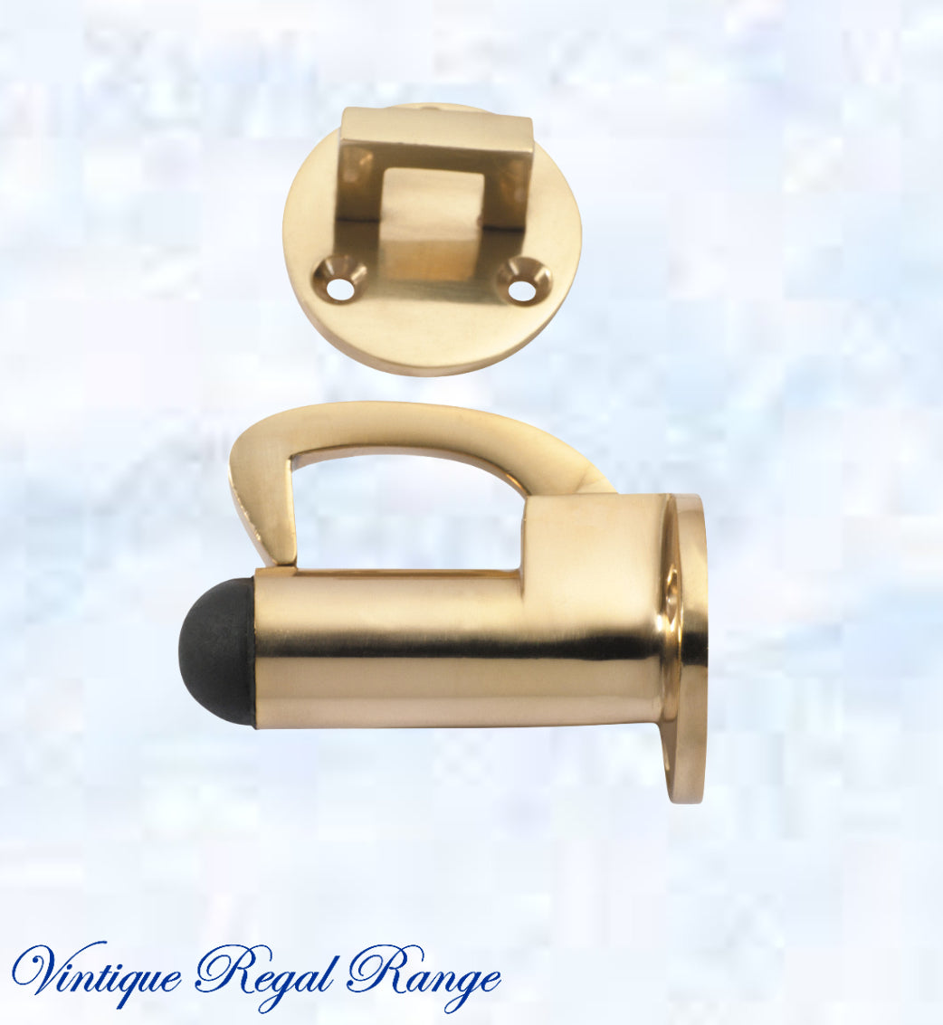 Polished Brass Hook & secure rubber door stop -70mm long-Vintique Concepts