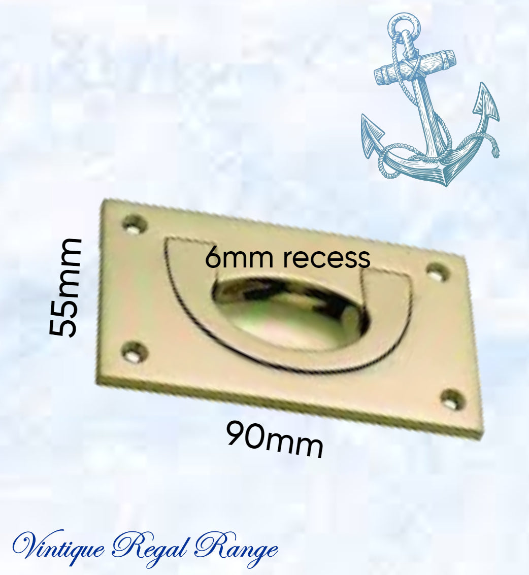 Mariner Polished Brass Ring Flush Pull rect door handle 90x88mm-Vintique Concepts