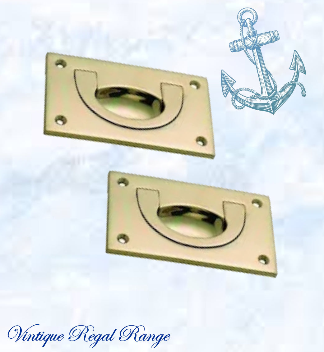 Mariner Polished Brass Ring Flush Pull rect door handle 90x88mm-Vintique Concepts