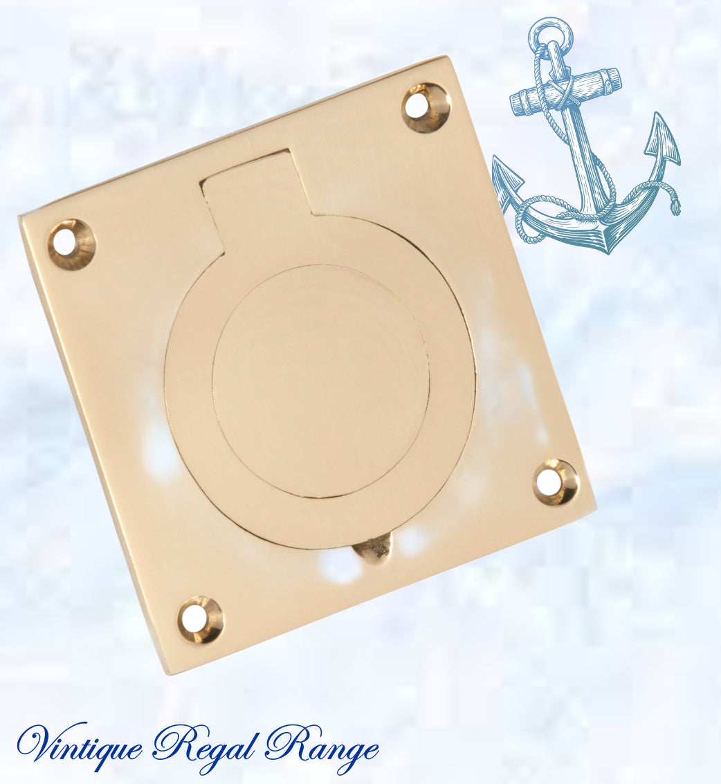 Yacht Polished Brass Ring Flush Pull door handle 63mm x 63mm-Vintique Concepts