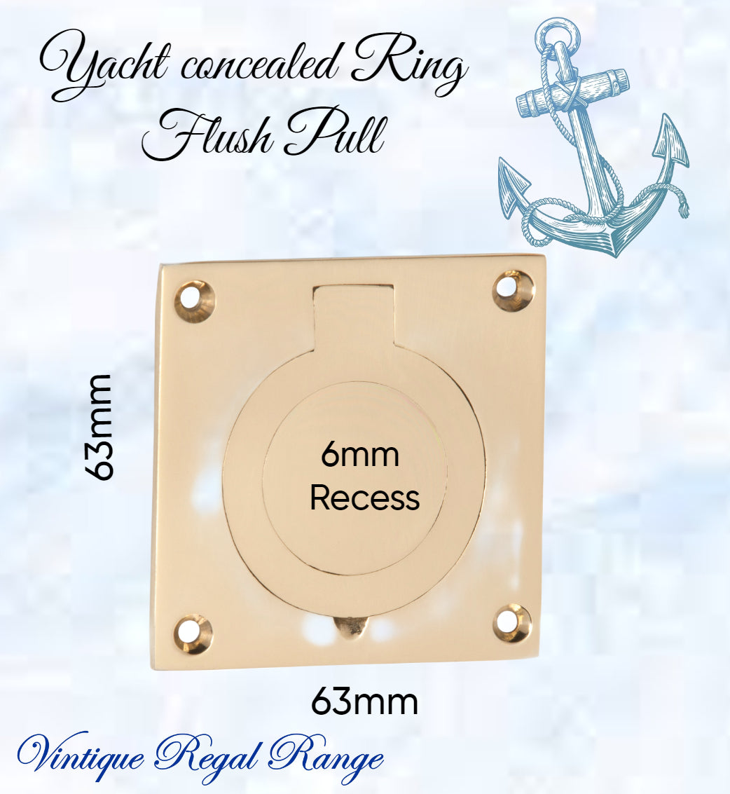 Yacht Polished Brass Ring Flush Pull door handle 63mm x 63mm-Vintique Concepts