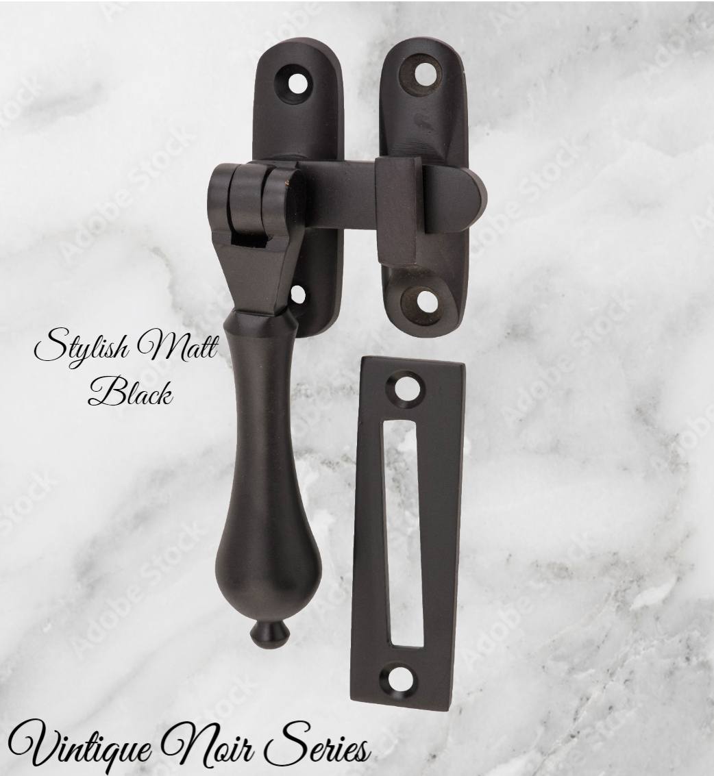 Noir series matt Black brass teardrop window fastener 50 x 95mm Long reach-Vintique Concepts
