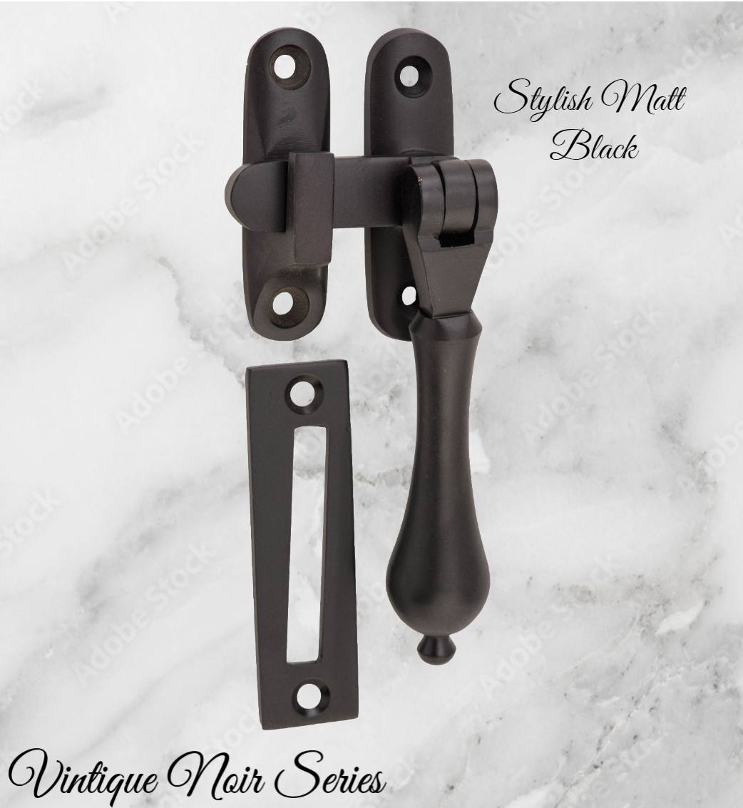 Noir series matt Black brass teardrop window fastener 50 x 95mm Long reach-Vintique Concepts