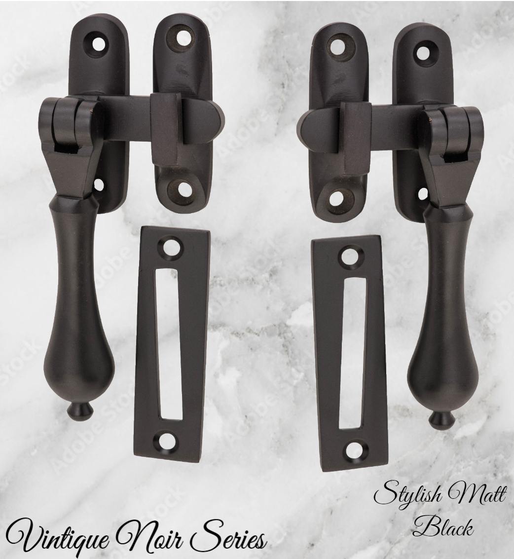 Noir series matt Black brass teardrop window fastener 50 x 95mm Long reach-Vintique Concepts