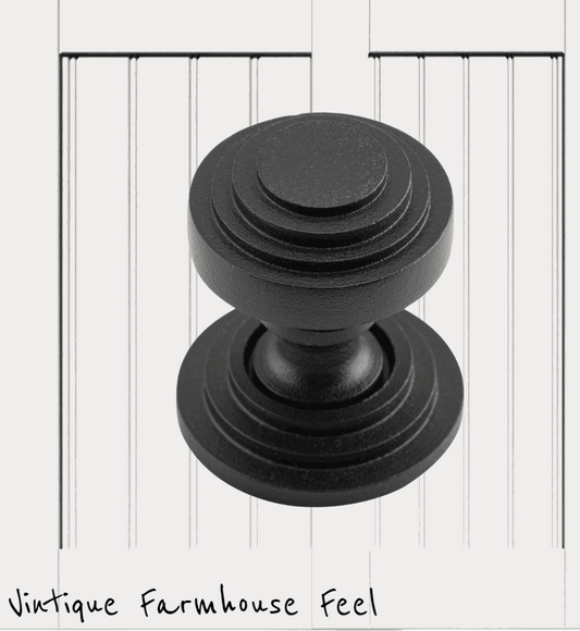 Farmhouse Satin Black Iron Circle Steps Knob with backplate-Vintique Concepts