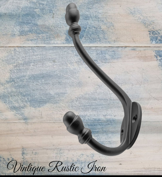 Iron ACORN double prong Coat hook 150mm long-Vintique Concepts