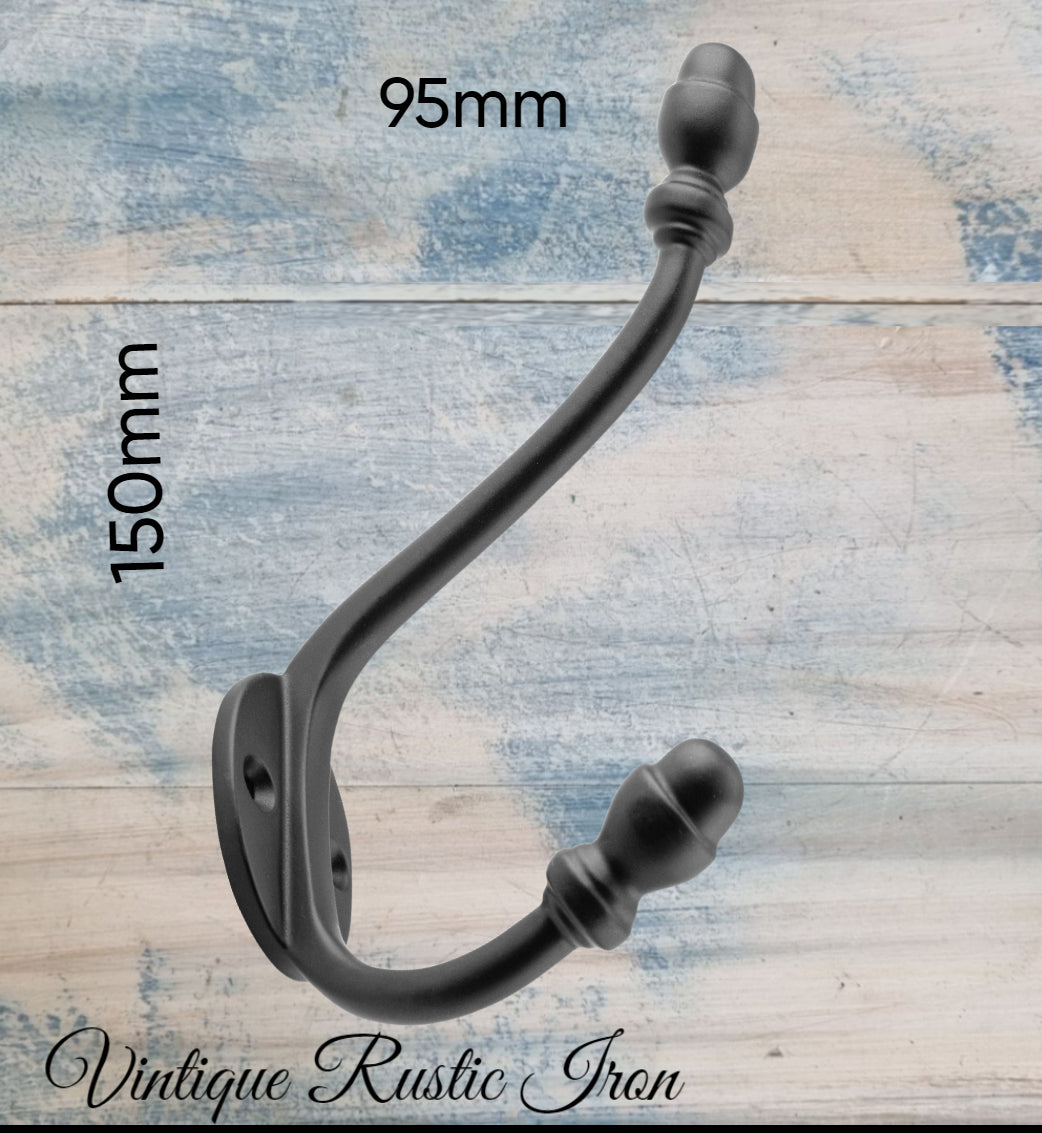 Iron ACORN double prong Coat hook 150mm long-Vintique Concepts