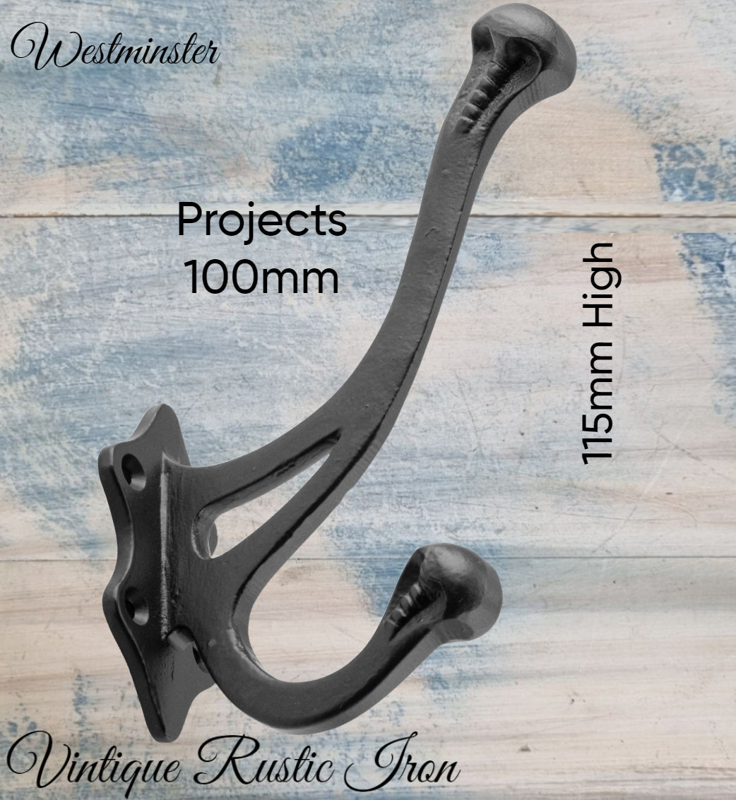 Antique Westminster Large  Black Iron Coat & Hat Hook 145 x 100mm-Vintique Concepts