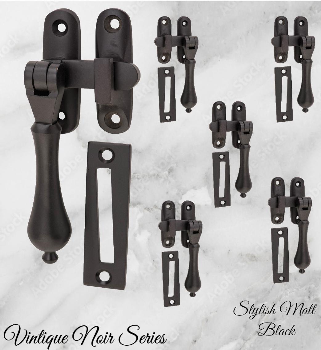 Noir series matt Black brass teardrop window fastener 50 x 95mm Long reach-Vintique Concepts