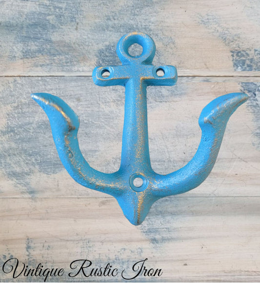 Cast Iron Nautical Blue anchor coat hook-Vintique Concepts