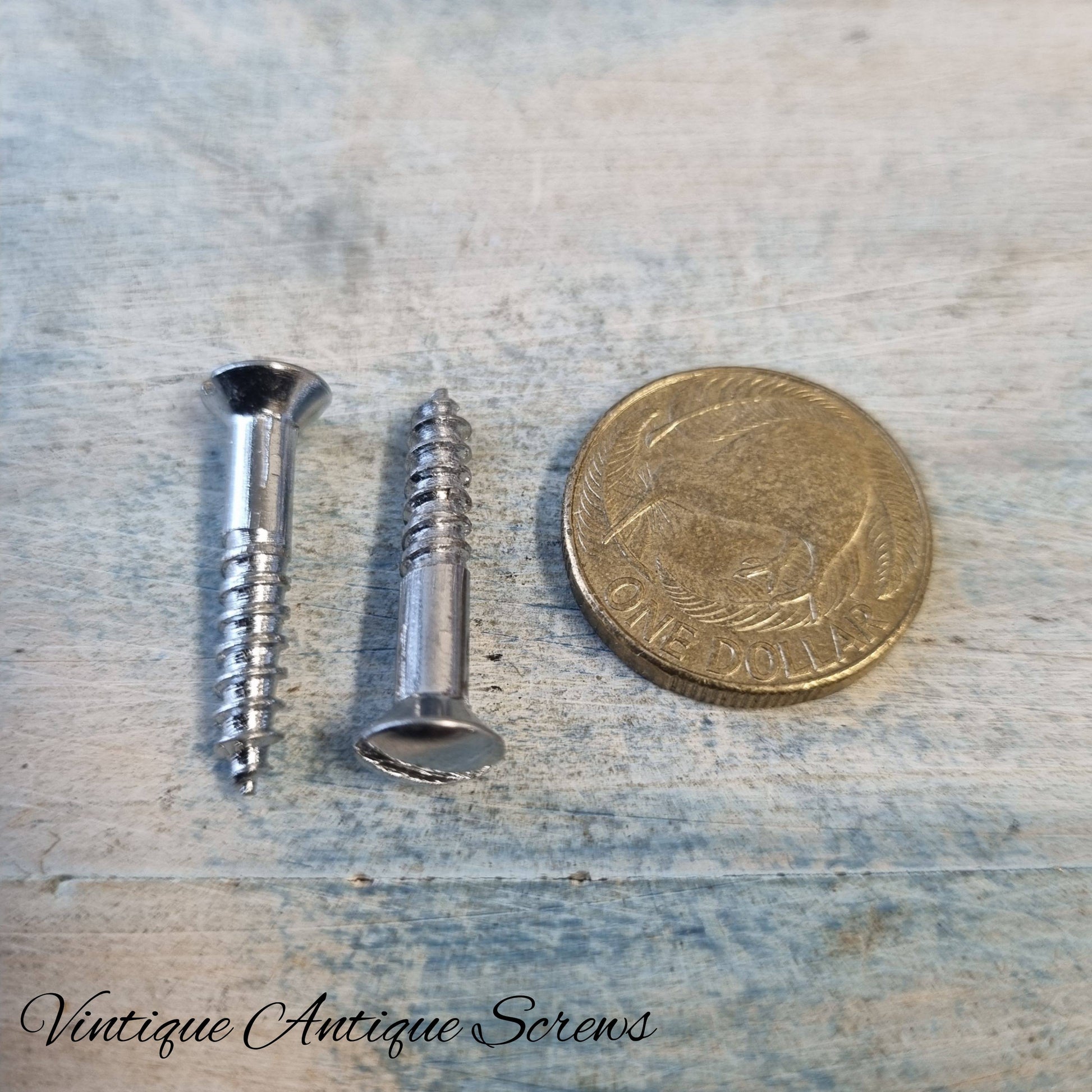 Antique Chrome Plated Brass Round head wood screws 1''(25.4mm) 8 gauge (pkt15)-Vintique Concepts
