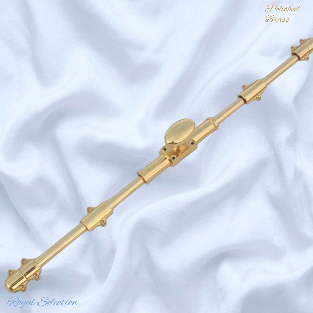 A polished brass decorative rod or finial with ornate ends and a central oval knob, .