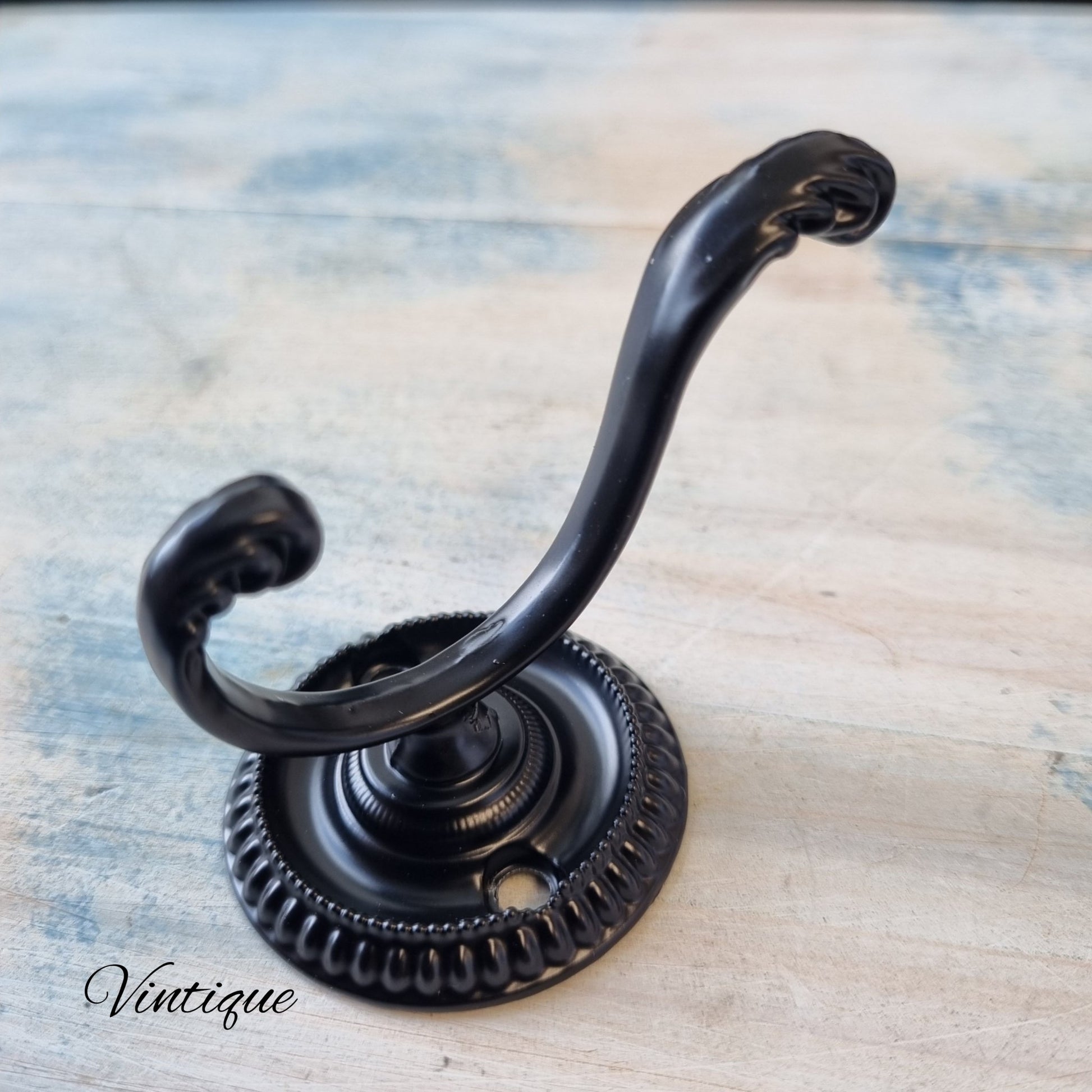 Albert's Black Ornate 2 Prong Robe Hook 65 x 50mm-Vintique Concepts