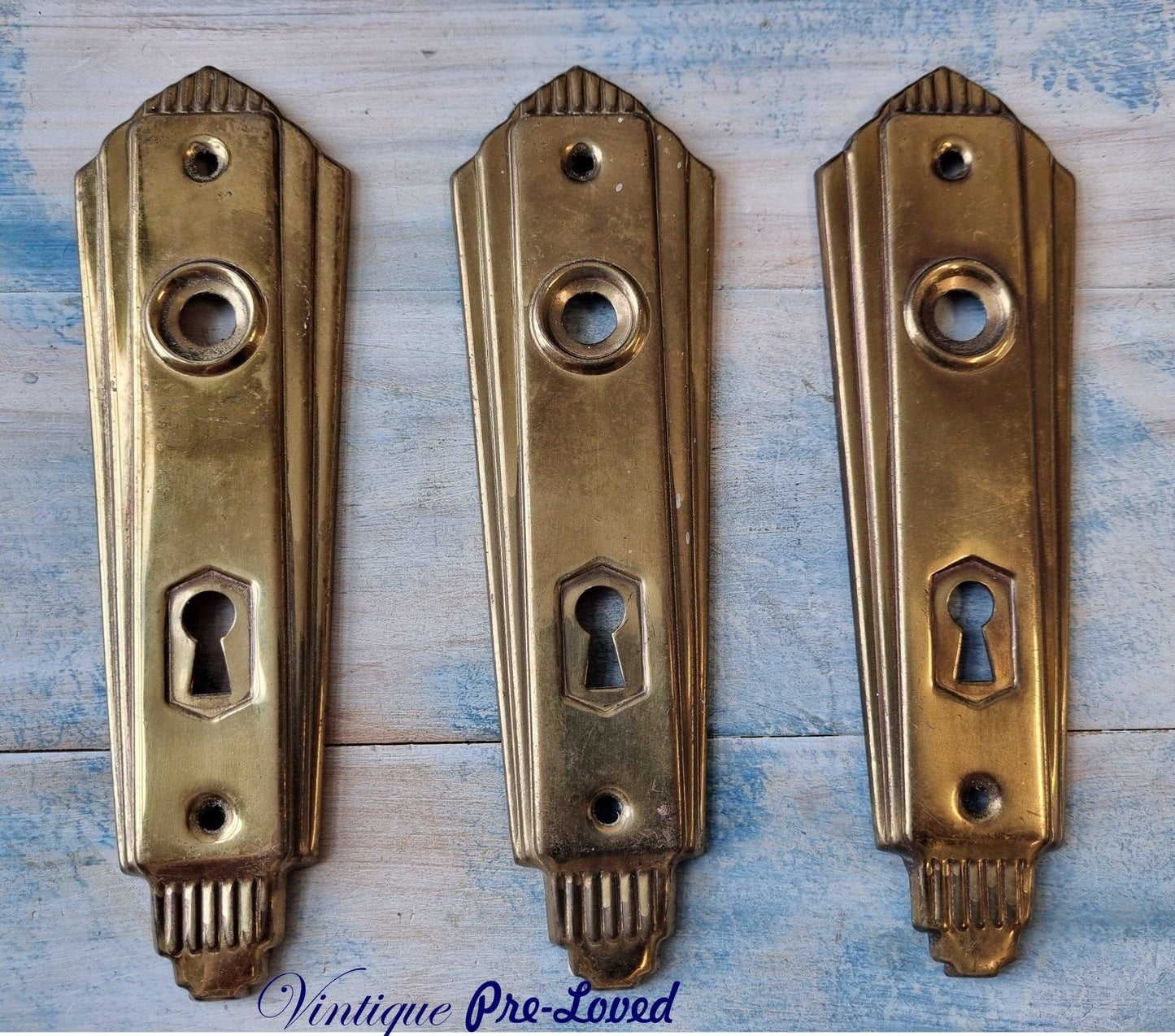 antique art Deco gold door handle Back plates-Vintique Concepts