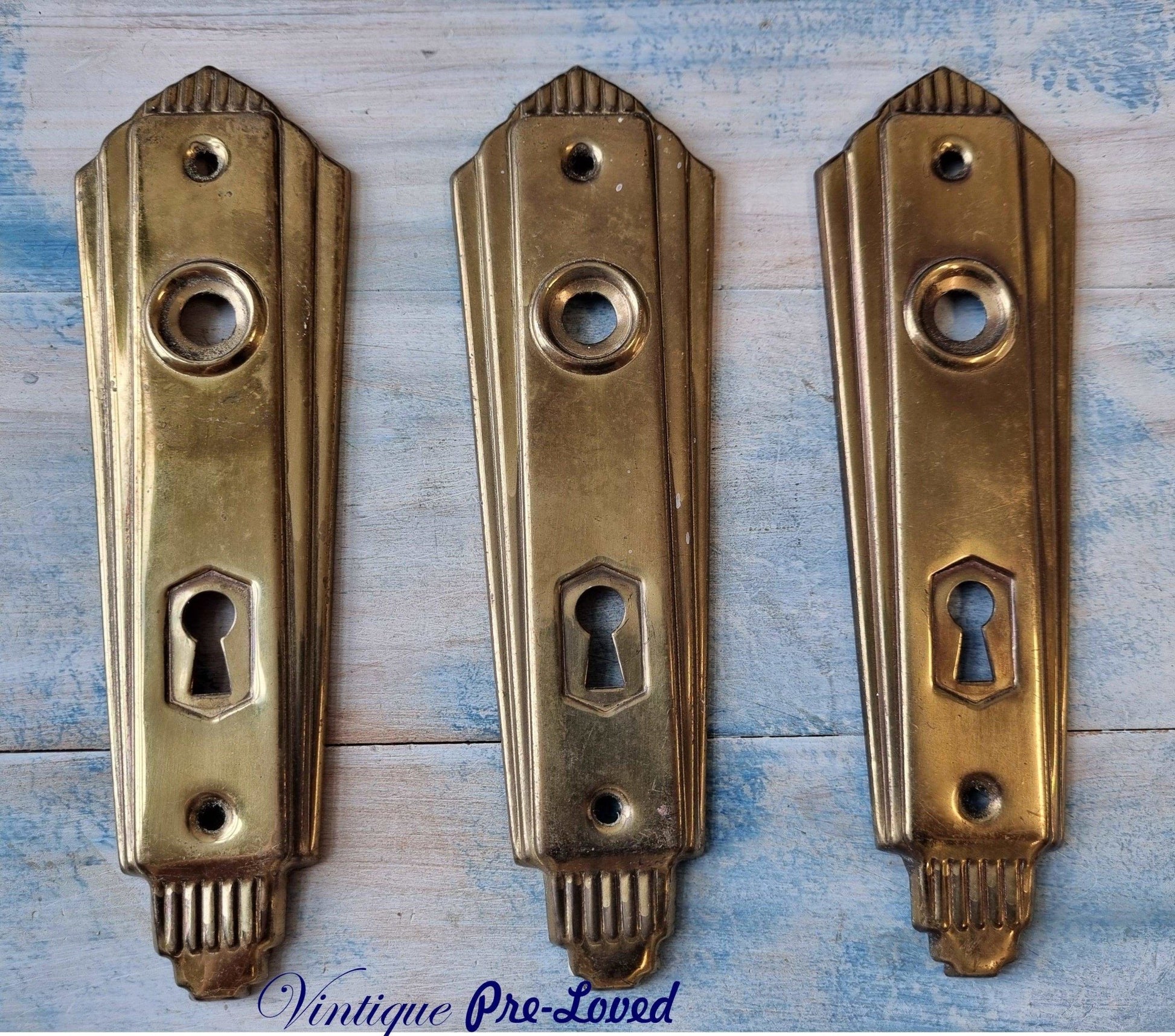antique art Deco gold door handle Back plates-Vintique Concepts