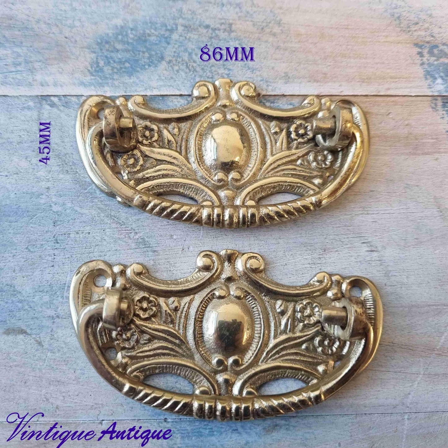 antique solid brass Drawer swing handles (pair)86mm long-Vintique Concepts