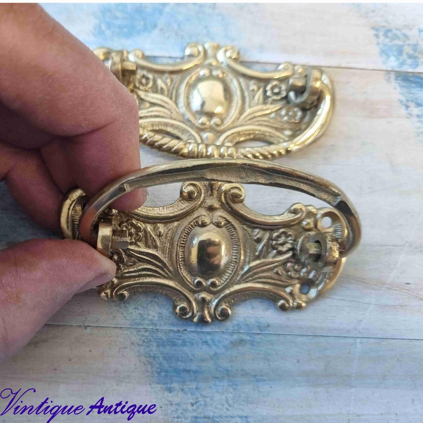 antique solid brass Drawer swing handles (pair)86mm long-Vintique Concepts