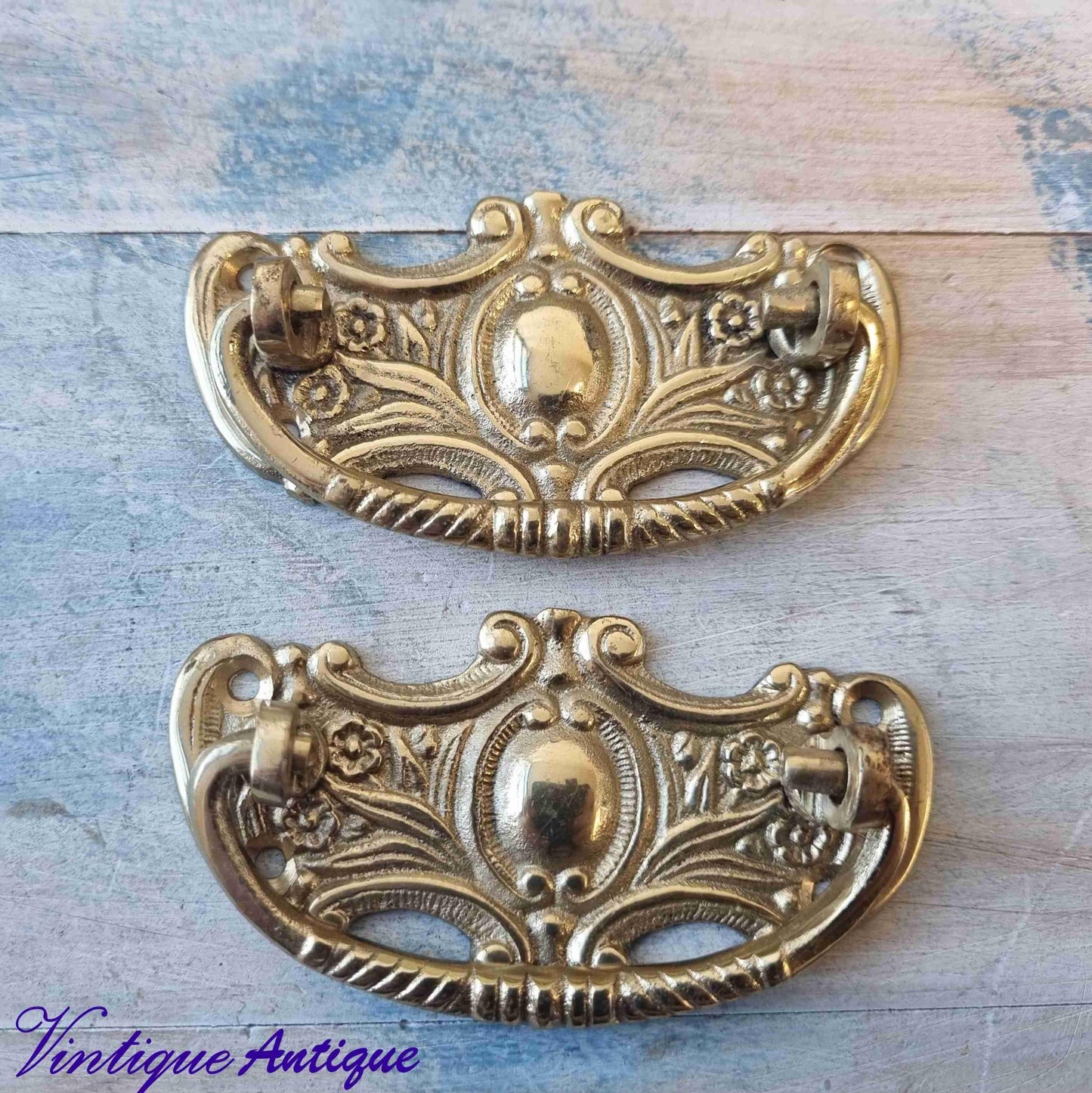 antique solid brass Drawer swing handles (pair)86mm long-Vintique Concepts