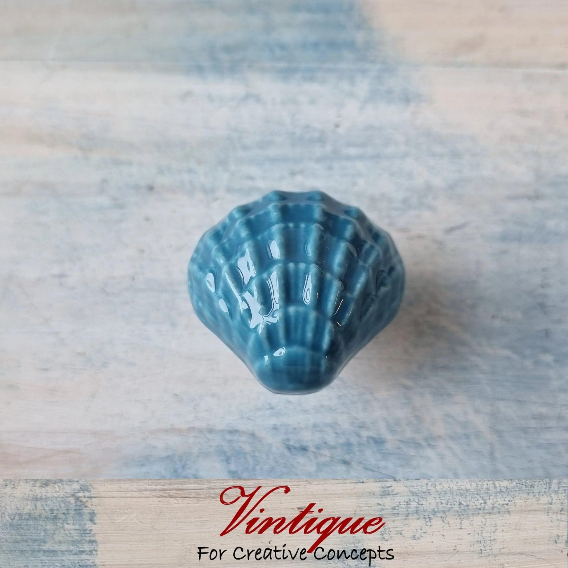 BLUE SCALLOP SHELL Ceramic Cabinet Drawer Knob 35mm x 33mm-Vintique Concepts