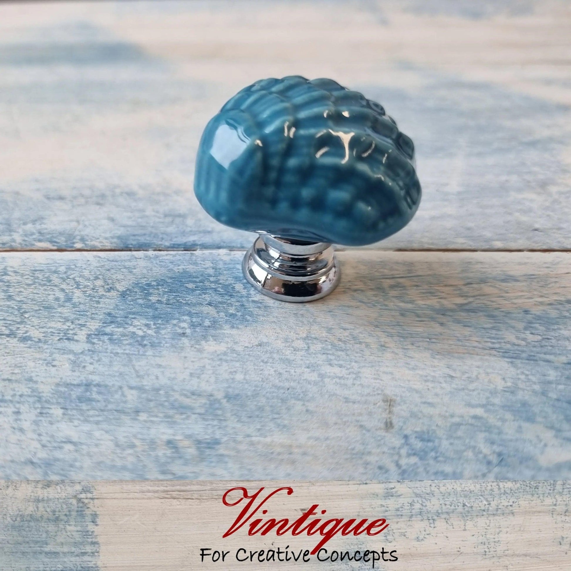 BLUE SCALLOP SHELL Ceramic Cabinet Drawer Knob 35mm x 33mm-Vintique Concepts