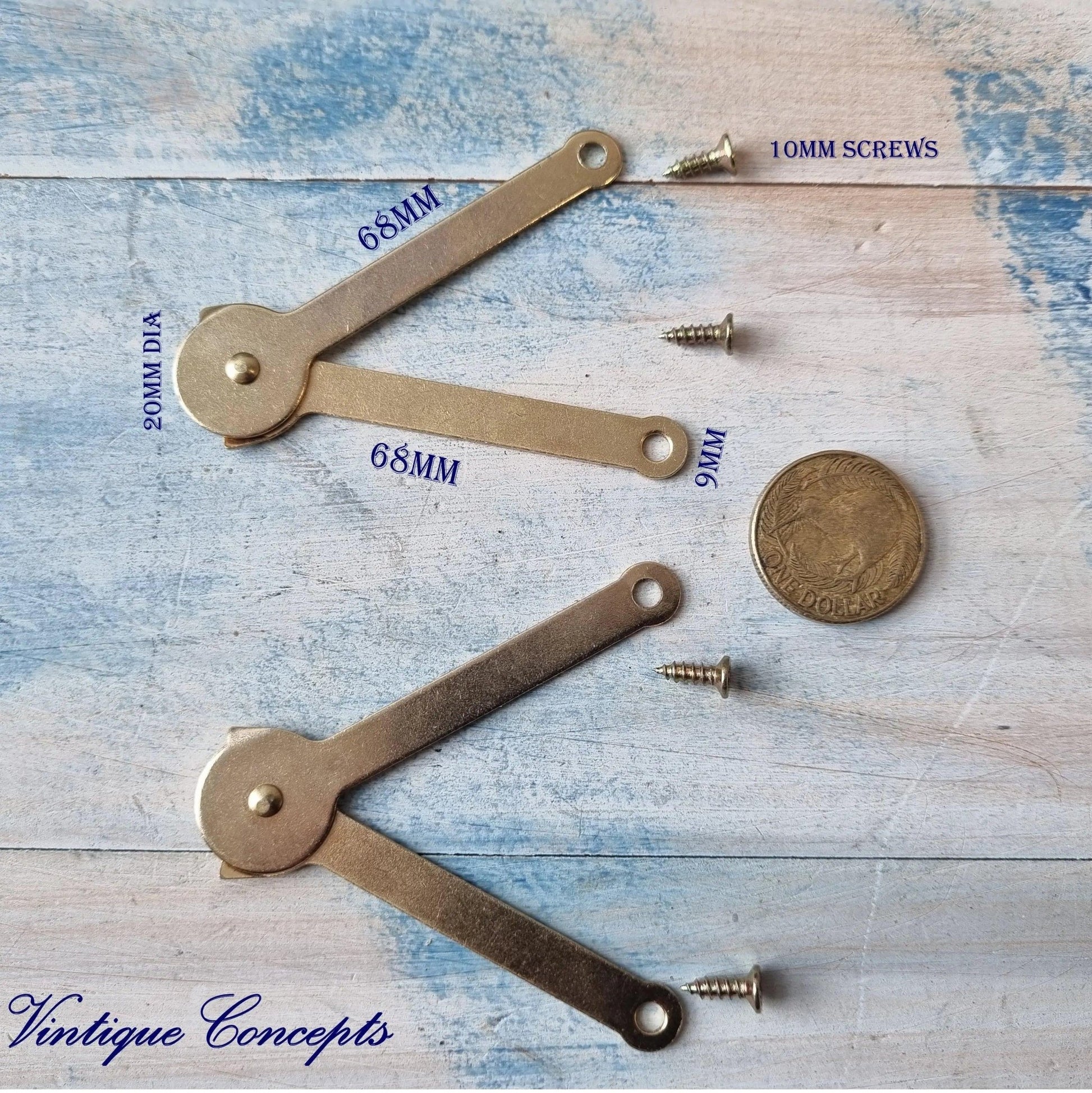 Brass Jewelery Box Support hinge 68mm arm (PAIR)-Vintique Concepts