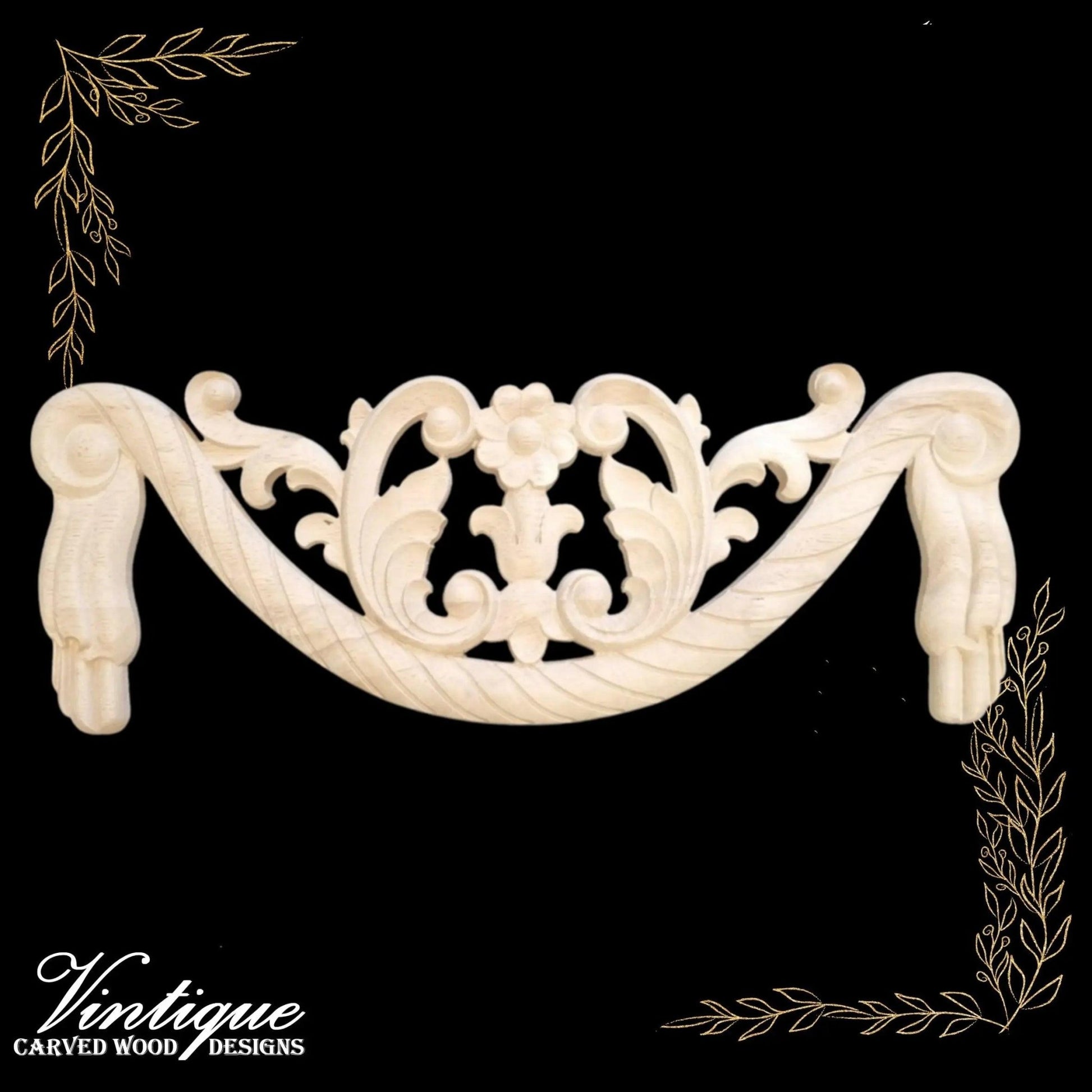 Buckingham swag centre or top wood applique Onlay 40cm x 15cm-Vintique Concepts