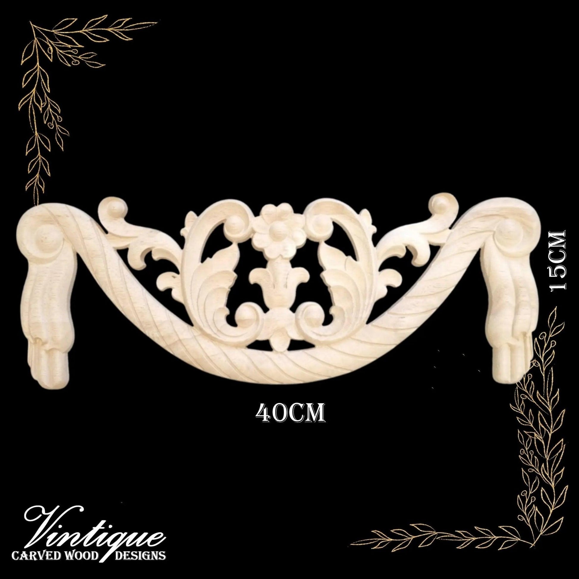 Buckingham swag centre or top wood applique Onlay 40cm x 15cm-Vintique Concepts