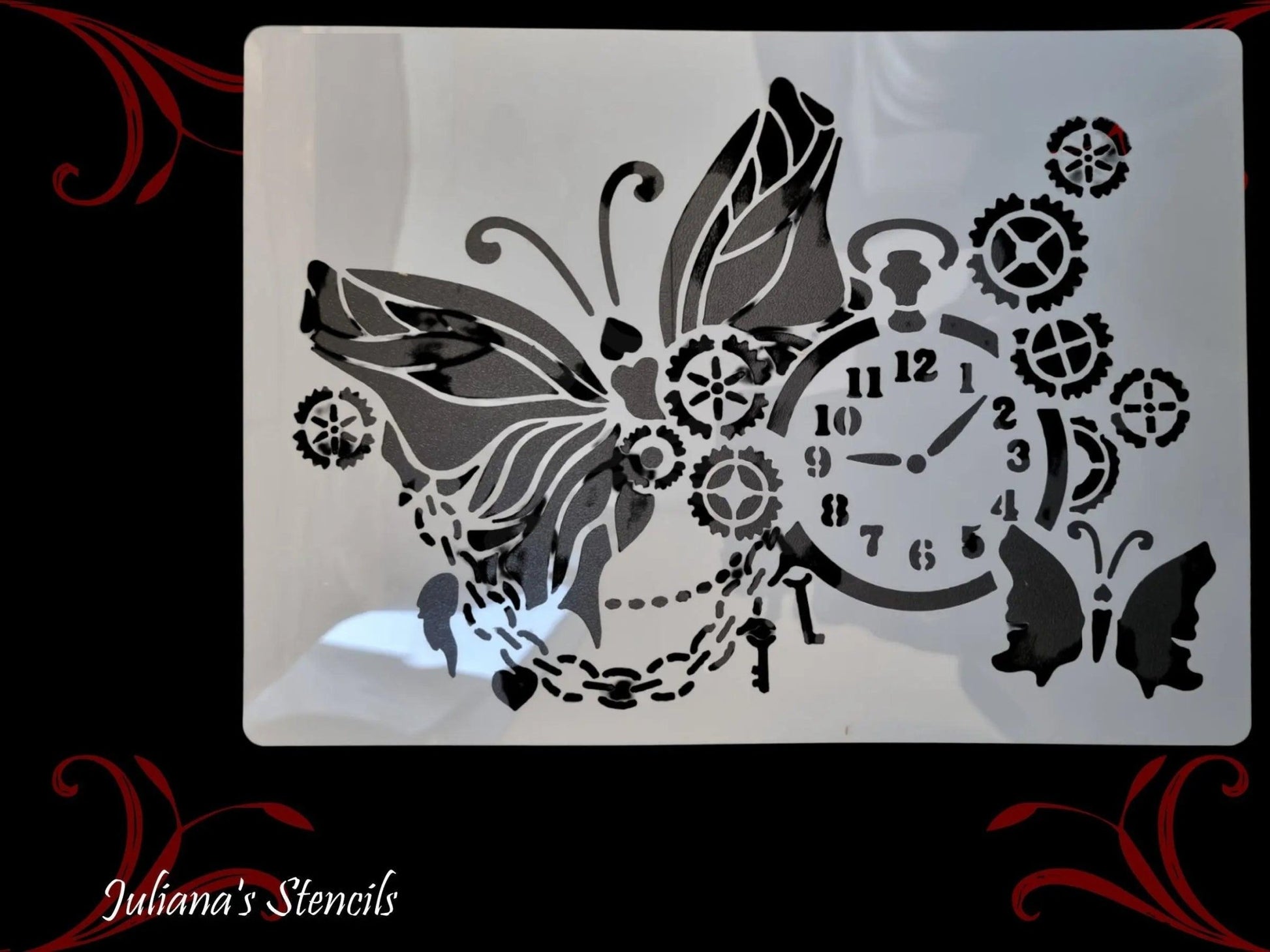 Butterflies & Clock furniture vintage painting stencil (A4 Size)-Vintique Concepts
