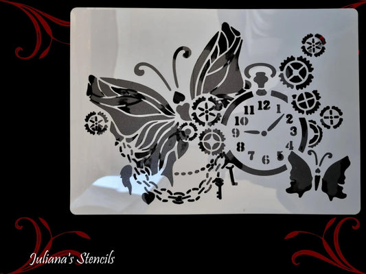 Butterflies & Clock furniture vintage painting stencil (A4 Size)-Vintique Concepts