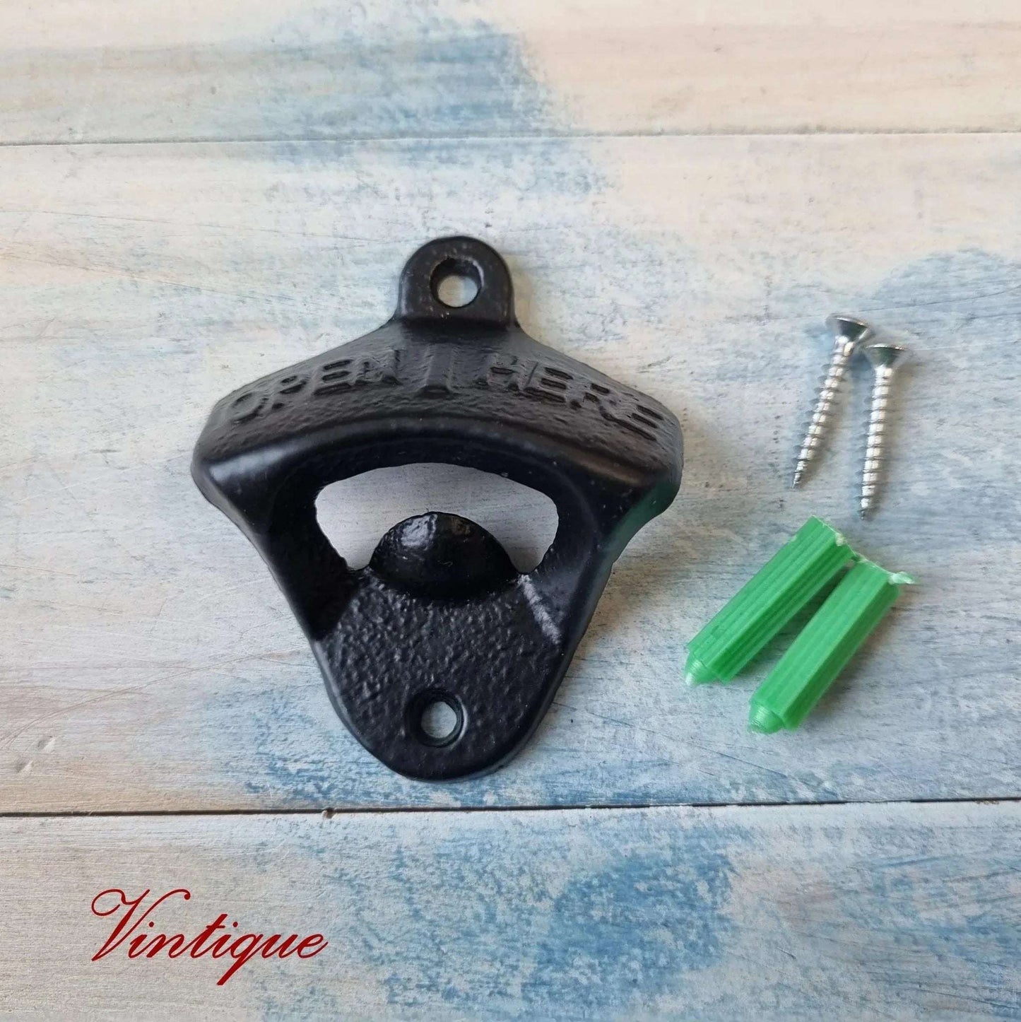 Cast Iron-OPEN HERE Wall Mounted Bottle opener for beer bottles etc - Vintique Concepts