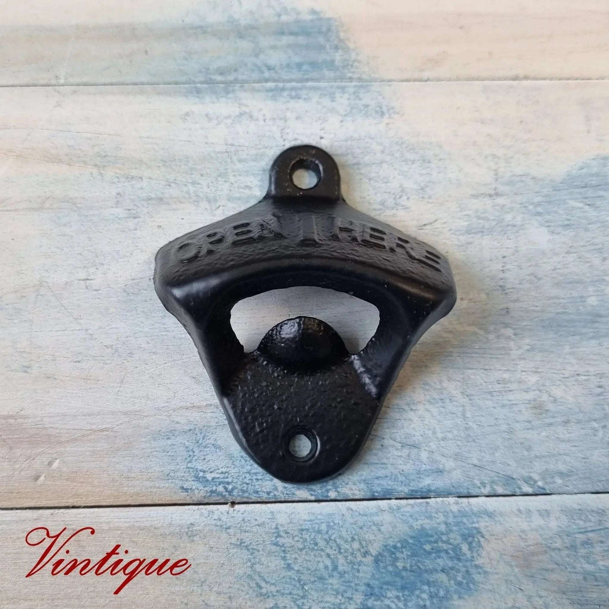 Cast Iron-OPEN HERE Wall Mounted Bottle opener for beer bottles etc - Vintique Concepts