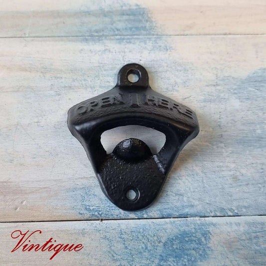Cast Iron-OPEN HERE Wall Mounted Bottle opener for beer bottles etc - Vintique Concepts