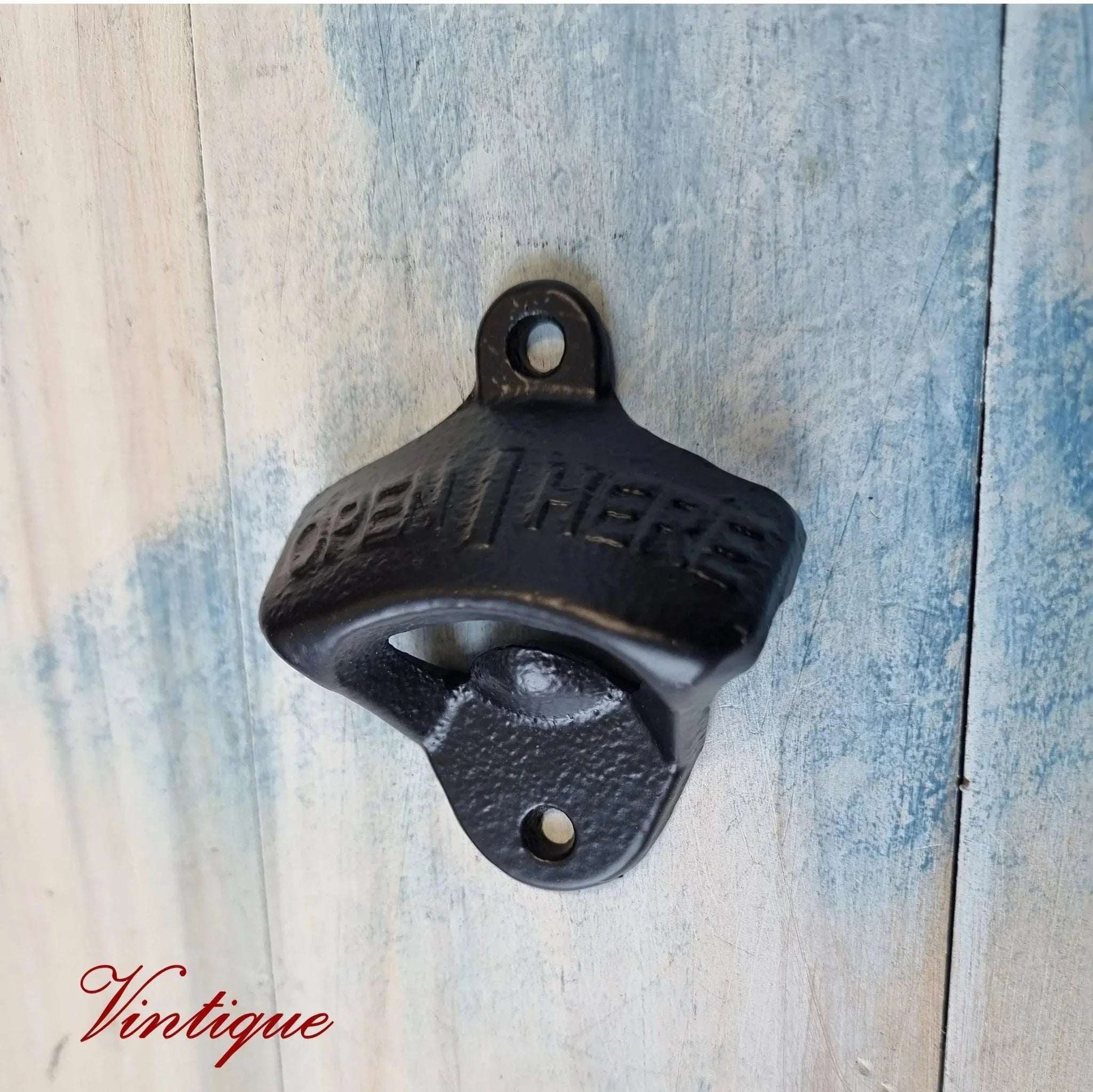 Cast Iron-OPEN HERE Wall Mounted Bottle opener for beer bottles etc - Vintique Concepts