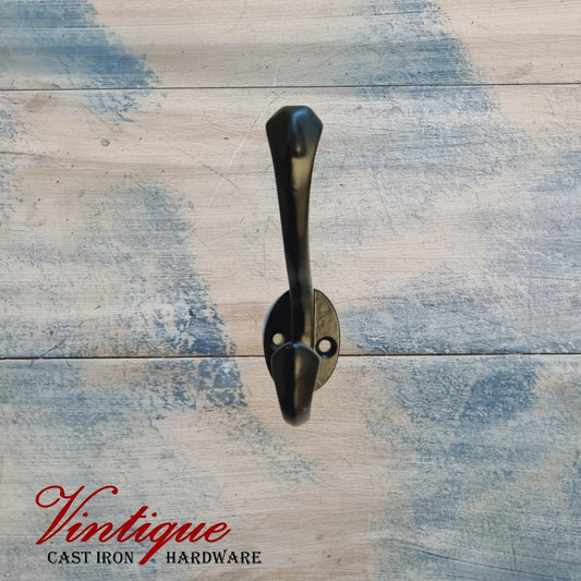 Cast Iron VICTORIAN double prong Coathook 90mm long-Vintique Concepts