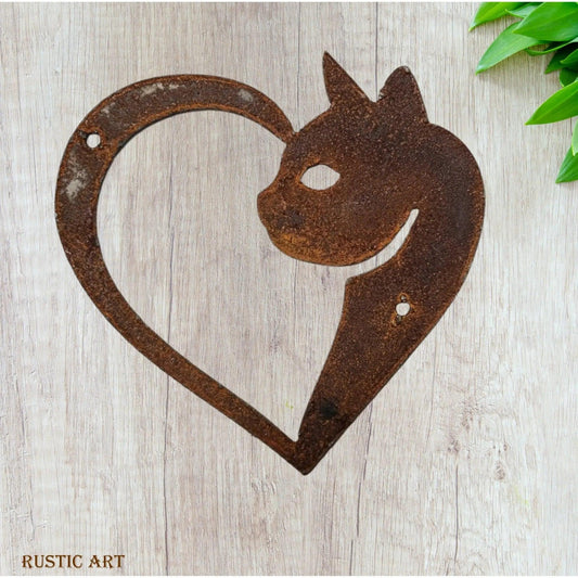 Cat in love heart  Rusty metal 160mm x 160mm-Vintique Concepts