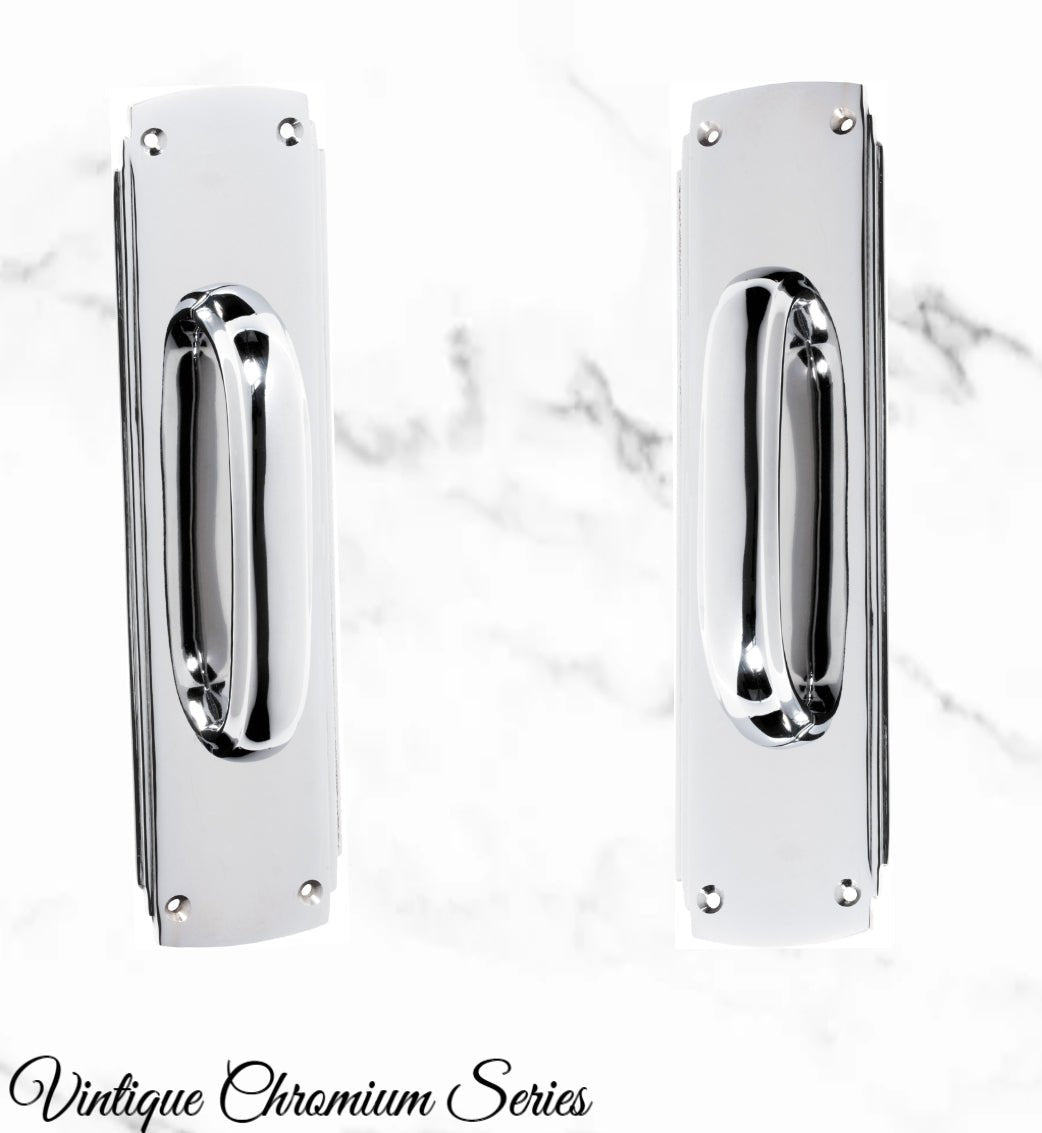 Chrome Art Deco Pull handle w/backplate 240x60mm-Vintique Concepts